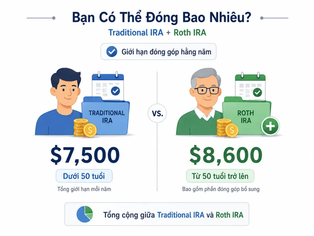 Infographic tối giản cho thấy giới hạn đóng góp IRA năm 2026: $7,500 cho người dưới 50 tuổi và $8,600 cho người từ 50 tuổi trở lên, tính tổng cộng giữa Traditional IRA và Roth IRA.