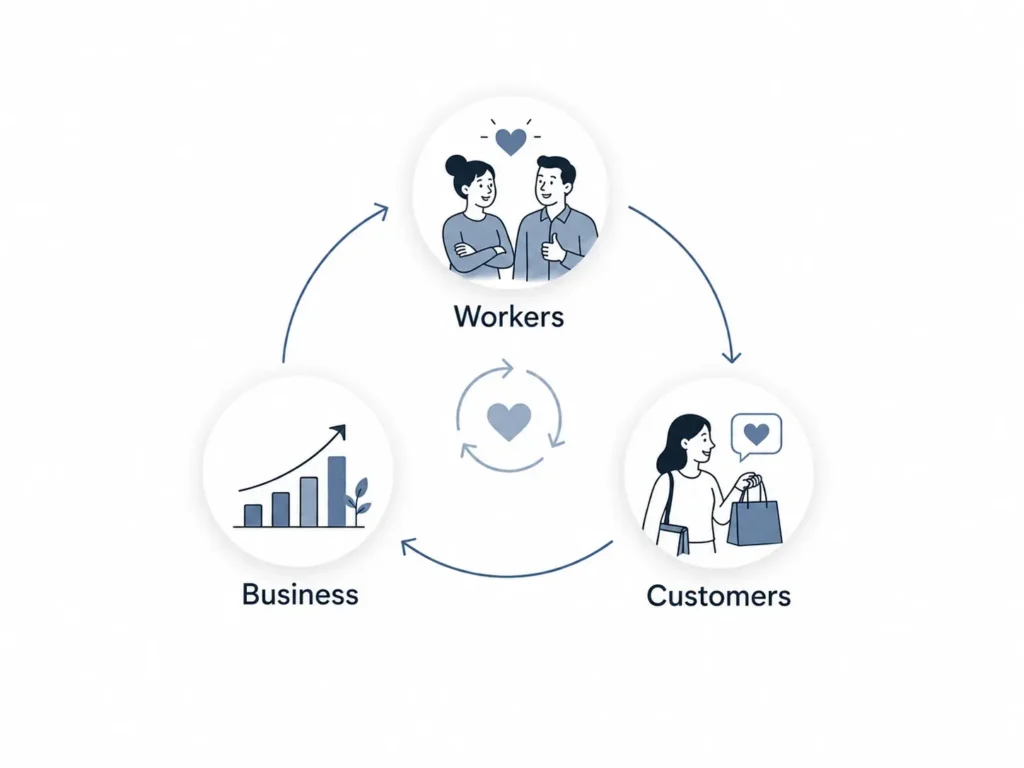 Minimalist illustration showing workers, customers, and business connected in a circular value cycle.