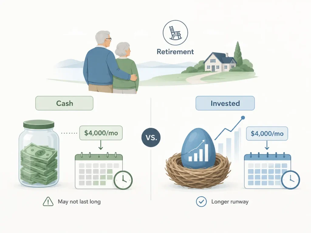 Minimalist illustration comparing cash and invested money in retirement planning, showing cash may not last long while invested assets may provide a longer retirement runway.