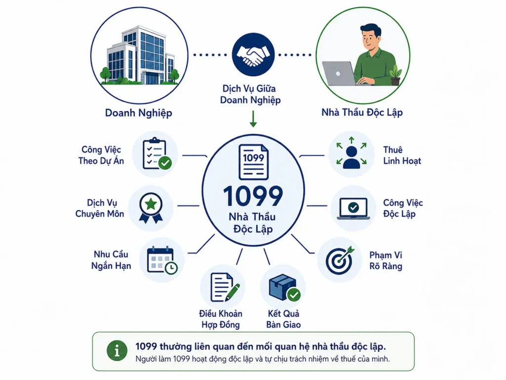 Minh họa tối giản về mối quan hệ 1099 giữa doanh nghiệp và nhà thầu độc lập, với các yếu tố như công việc theo dự án, dịch vụ chuyên môn, nhu cầu ngắn hạn, phạm vi rõ ràng, kết quả bàn giao và sự linh hoạt.