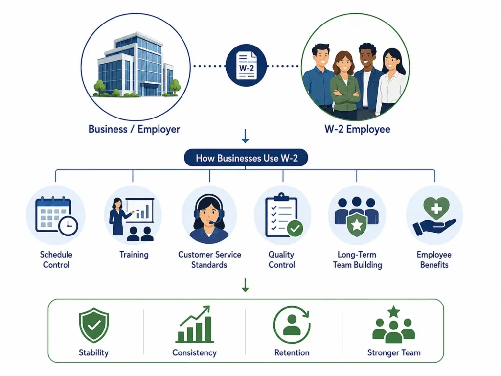 Minimalist infographic showing how businesses use W-2 employment for schedule control, training, customer service standards, quality control, long-term team building, and employee benefits.