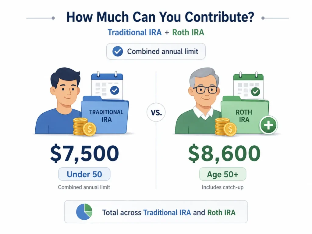 Minimalist infographic showing 2026 IRA contribution limits: $7,500 for people under 50 and $8,600 for age 50 and older, combined across Traditional IRA and Roth IRA.