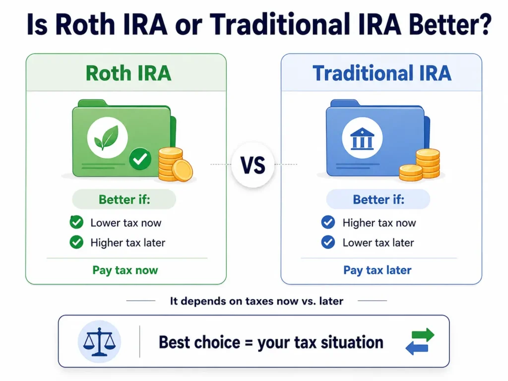 Minimalist infographic comparing Roth IRA and Traditional IRA, showing Roth IRA may be better when taxes are lower now and higher later, while Traditional IRA may be better when taxes are higher now and lower later.