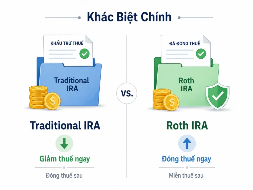 Infographic tối giản so sánh Traditional IRA và Roth IRA, cho thấy Traditional IRA có thể giúp giảm thuế ngay và đóng thuế sau, trong khi Roth IRA đóng thuế ngay và có thể miễn thuế sau.