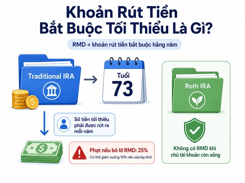 Infographic tối giản giải thích khoản rút tiền bắt buộc tối thiểu, cho thấy Traditional IRA thường phải rút tiền từ tuổi 73, phạt 25 phần trăm nếu bỏ lỡ RMD, và Roth IRA không có RMD khi chủ tài khoản còn sống.