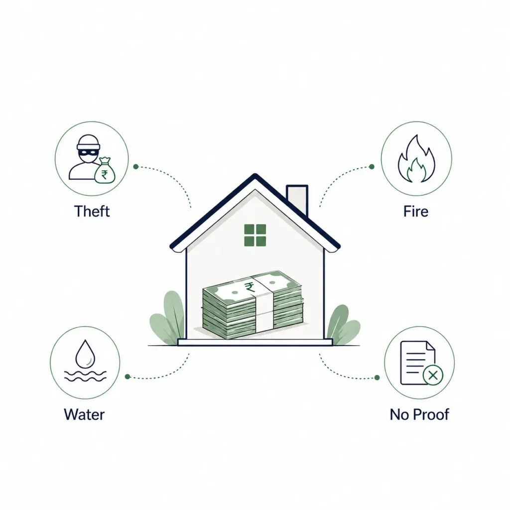 Minimalist illustration of cash stored inside a home with risk icons for theft, fire, water damage, and lack of proof if the money is lost.