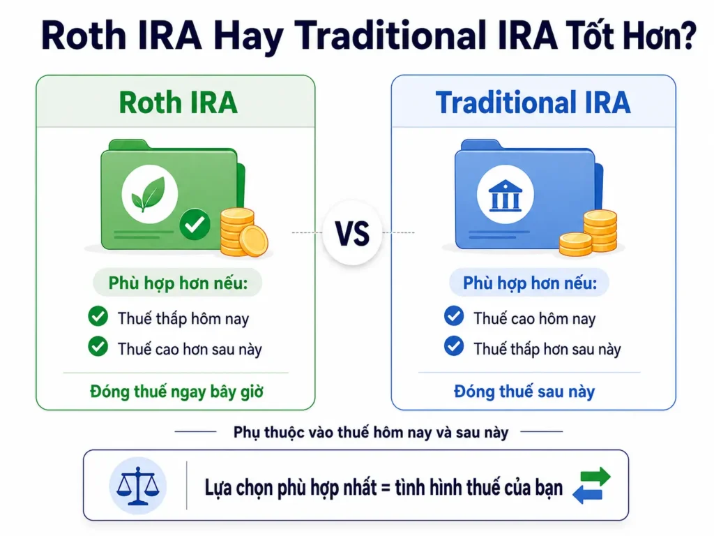 Infographic tối giản so sánh Roth IRA và Traditional IRA, cho thấy Roth IRA có thể phù hợp hơn khi thuế thấp hôm nay và cao hơn sau này, trong khi Traditional IRA có thể phù hợp hơn khi thuế cao hôm nay và thấp hơn sau này.