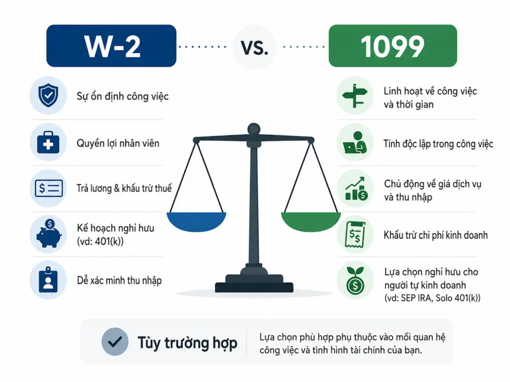 Minh họa tối giản so sánh W-2 và 1099, bao gồm sự ổn định công việc, quyền lợi nhân viên, trả lương và khấu trừ thuế, kế hoạch nghỉ hưu, xác minh thu nhập, sự linh hoạt, công việc độc lập, khấu trừ chi phí kinh doanh và lựa chọn nghỉ hưu cho người tự kinh doanh.