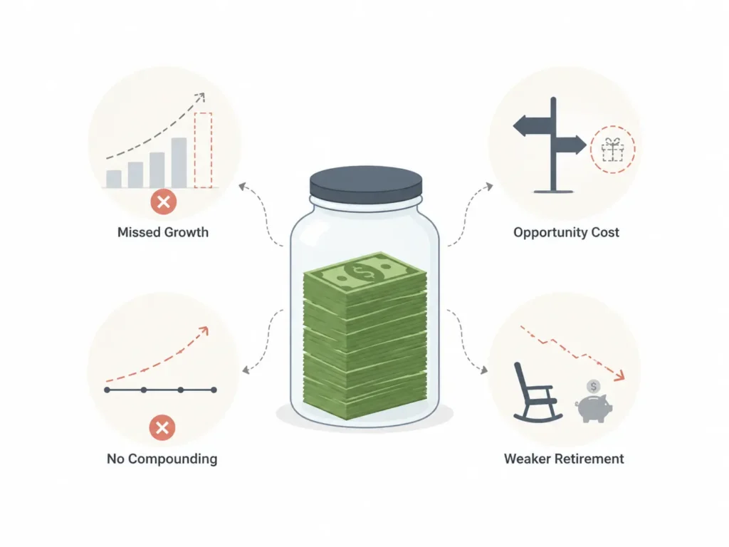 Minimalist illustration of cash sitting in a jar, showing missed growth, opportunity cost, no compounding, and weaker retirement planning.