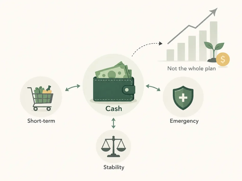 Minimalist illustration showing cash in a wallet at the center, connected to short-term spending, emergency savings, stability, and the idea that cash should not be the entire financial plan.