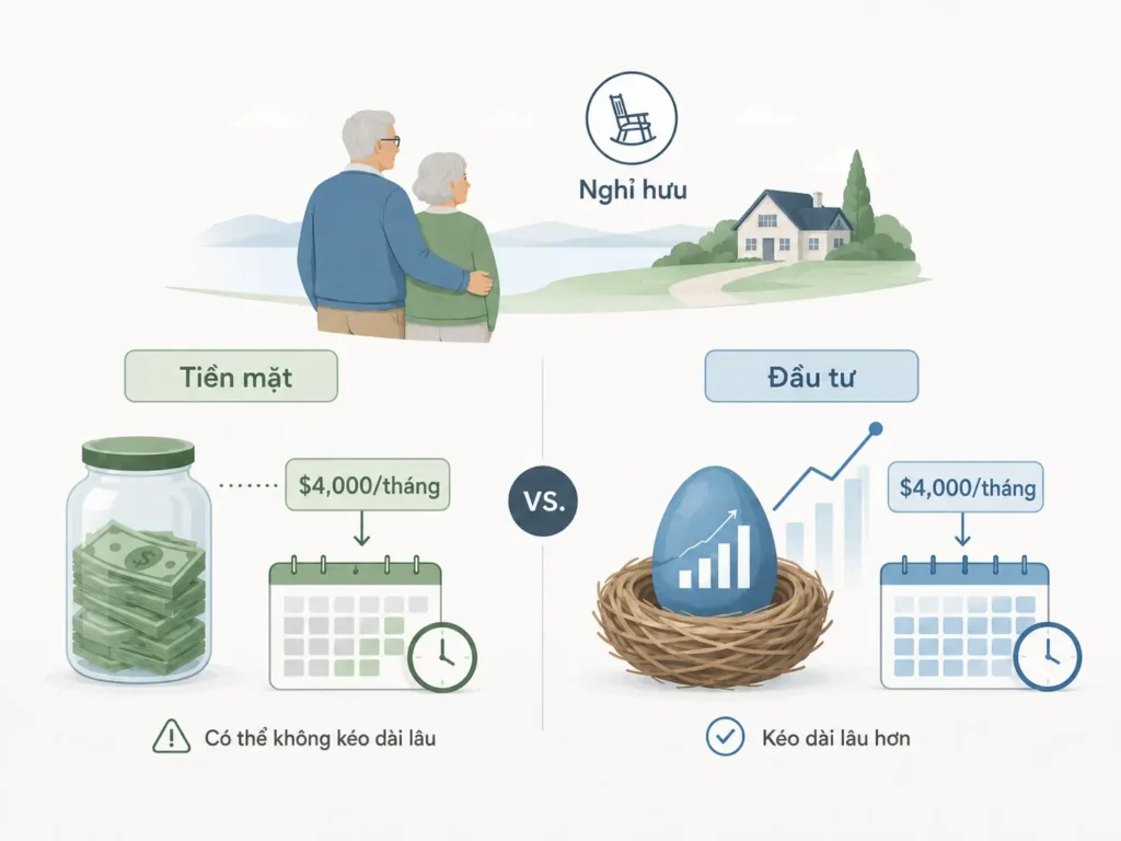 Minh họa tối giản so sánh tiền mặt và tiền được đầu tư trong kế hoạch nghỉ hưu, cho thấy tiền mặt có thể không kéo dài lâu trong khi đầu tư có thể hỗ trợ dòng tiền dài hạn hơn.