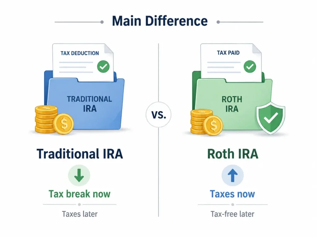 Minimalist infographic comparing Traditional IRA and Roth IRA tax treatment, showing Traditional IRA tax break now and taxes later versus Roth IRA taxes now and tax-free later.