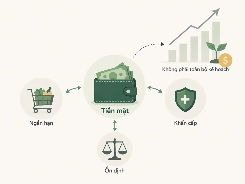 Minh họa tối giản về tiền mặt ở trung tâm, liên kết với nhu cầu ngắn hạn, quỹ khẩn cấp, sự ổn định và thông điệp rằng tiền mặt không phải là toàn bộ kế hoạch tài chính.