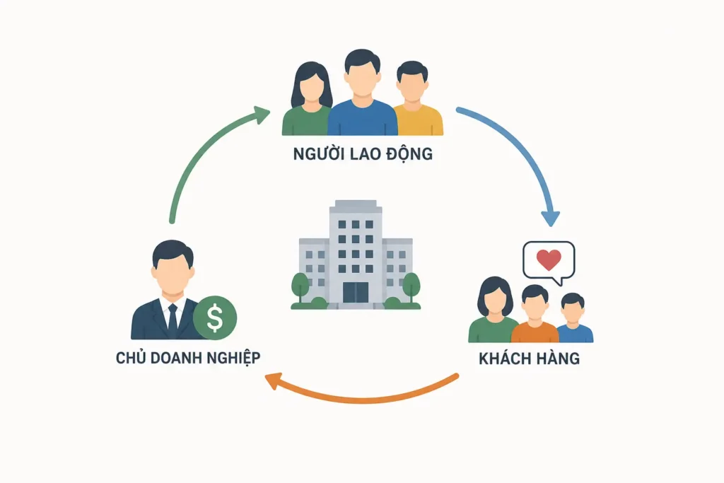 Minh họa tối giản về người lao động, khách hàng và chủ doanh nghiệp trong vòng tuần hoàn giá trị của doanh nghiệp.