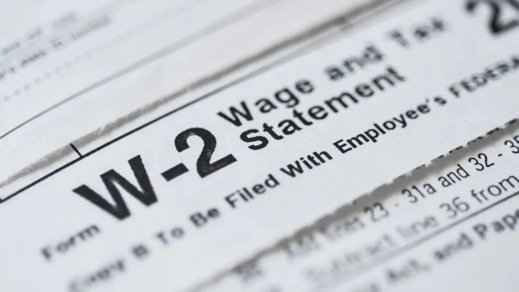 Close-up image of a W-2 wage and tax statement used for employee income and tax reporting in the United States.