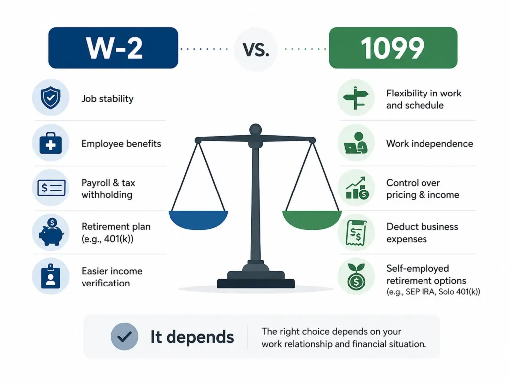 Minimalist infographic comparing W-2 and 1099 work structures, including job stability, employee benefits, tax withholding, retirement plans, income verification, flexibility, independent work, business deductions, and self-employed retirement options.