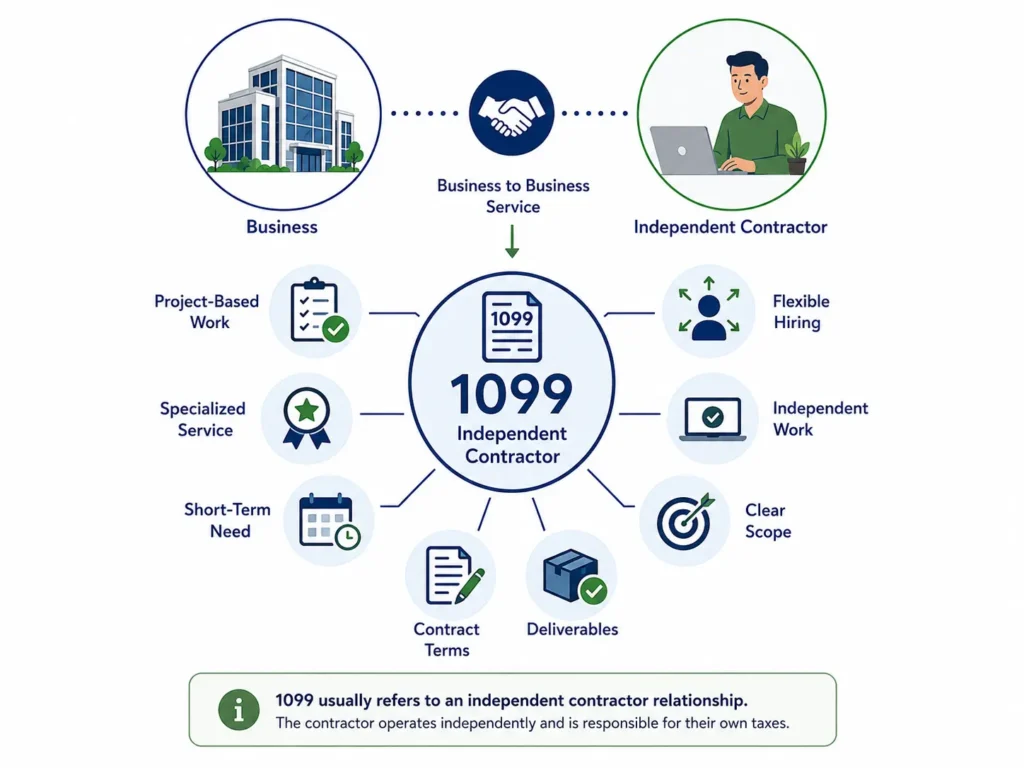 Minimalist infographic showing a business and an independent contractor connected through a 1099 work arrangement, with key elements such as project-based work, specialized services, short-term needs, clear scope, deliverables, and contractor flexibility.