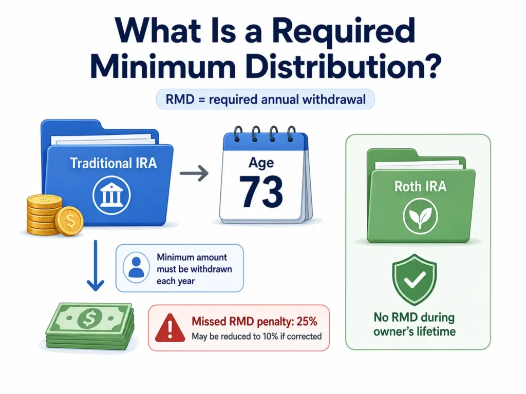Minimalist infographic explaining Required Minimum Distribution, showing Traditional IRA withdrawals starting at age 73, a missed RMD penalty of 25 percent, and no RMD for Roth IRA during the original owner’s lifetime.