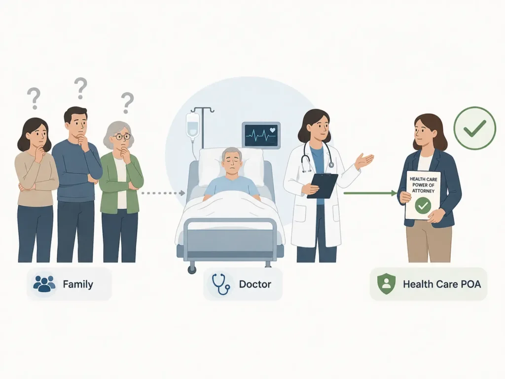 Illustration showing a hospitalized patient, uncertain family members, a doctor, and an authorized health care agent holding a Health Care Power of Attorney.