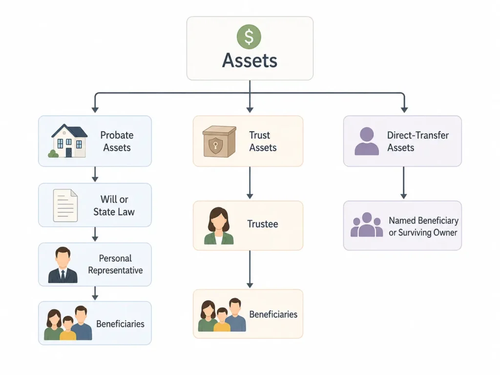 Estate planning flowchart showing probate assets passing through a will or state law and a personal representative, trust assets managed by a trustee, and direct-transfer assets passing to a named beneficiary or surviving owner.
