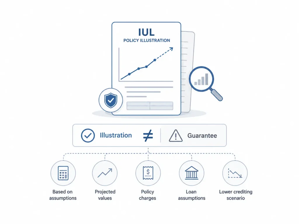 Minimalist infographic explaining that an IUL policy illustration is not a guarantee and depends on assumptions, projected values, policy charges, loan assumptions, and lower crediting scenarios.