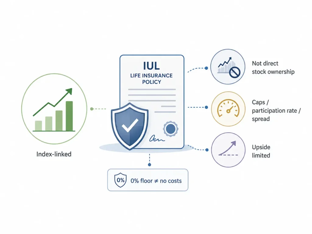 Minimalist infographic explaining that IUL is index-linked but does not provide direct stock ownership, may have caps, participation rates, spreads, and limited upside.