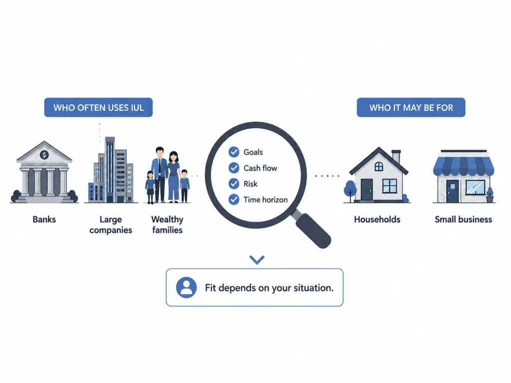 Minimalist infographic showing that banks, large companies, and wealthy families may use IUL, but whether IUL fits depends on goals, cash flow, risk, and time horizon.