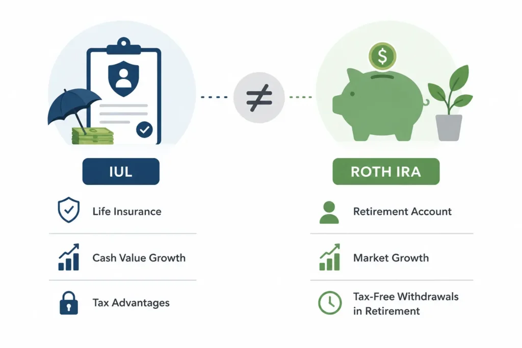 Minimalist infographic comparing IUL and Roth IRA, showing that IUL is life insurance with cash value while Roth IRA is a retirement account with market growth and tax-free withdrawals.