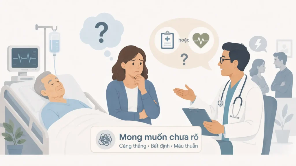 Hình minh họa một bệnh nhân đang nằm viện, người đại diện lo lắng và bác sĩ trao đổi về các lựa chọn điều trị khi mong muốn của bệnh nhân chưa rõ ràng.