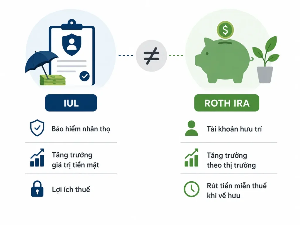 Minh họa tối giản so sánh IUL và Roth IRA, giải thích IUL là bảo hiểm nhân thọ có giá trị tiền mặt còn Roth IRA là tài khoản hưu trí.