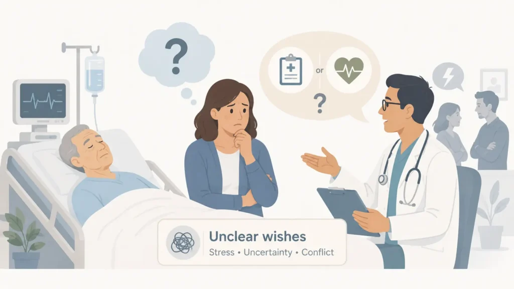 Illustration of a hospitalized patient, a concerned health care representative, and a doctor discussing medical options when the patient’s wishes are unclear.