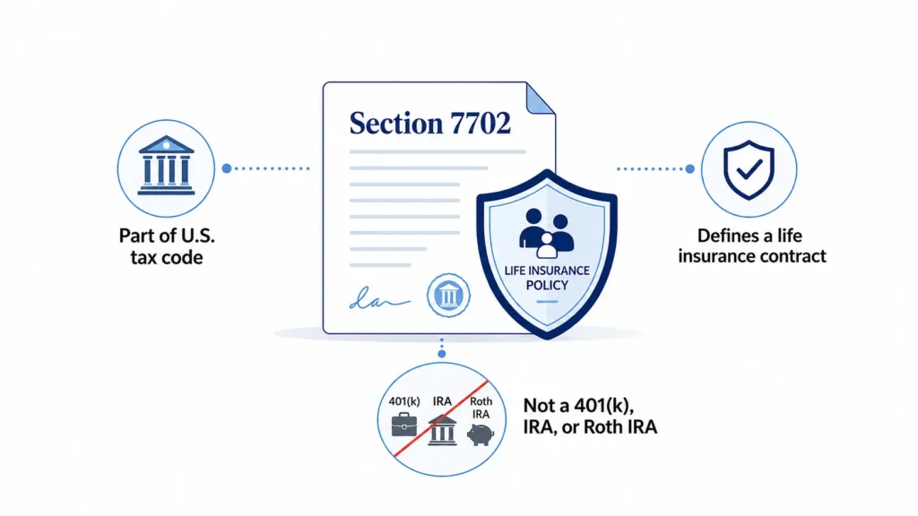 Minimalist infographic explaining that Section 7702 is part of the U.S. tax code, defines a life insurance contract, and is not a 401(k), IRA, or Roth IRA.