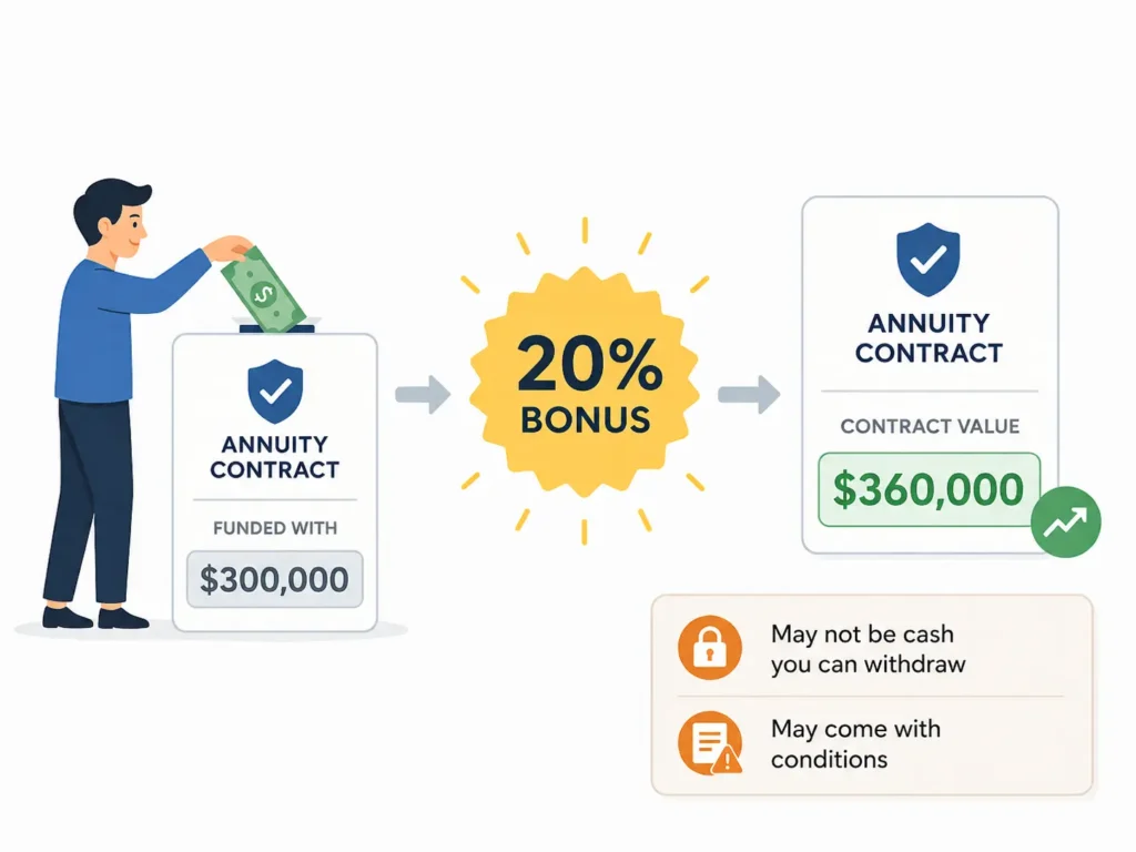 Annuity bonus illustration showing a $300,000 annuity contribution receiving a 20% bonus and displaying a $360,000 contract value, with a warning that the bonus may not be immediately withdrawable and may come with conditions.