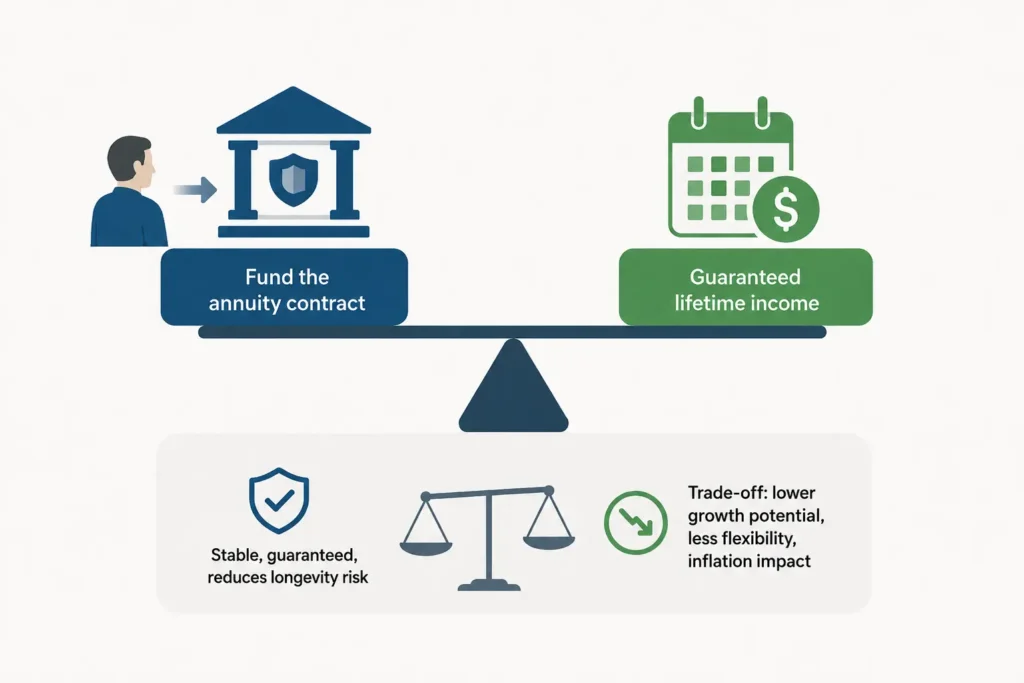 Annuity illustration showing a retiree funding an annuity contract in exchange for guaranteed lifetime income, with trade-offs involving growth potential, flexibility, and inflation risk.