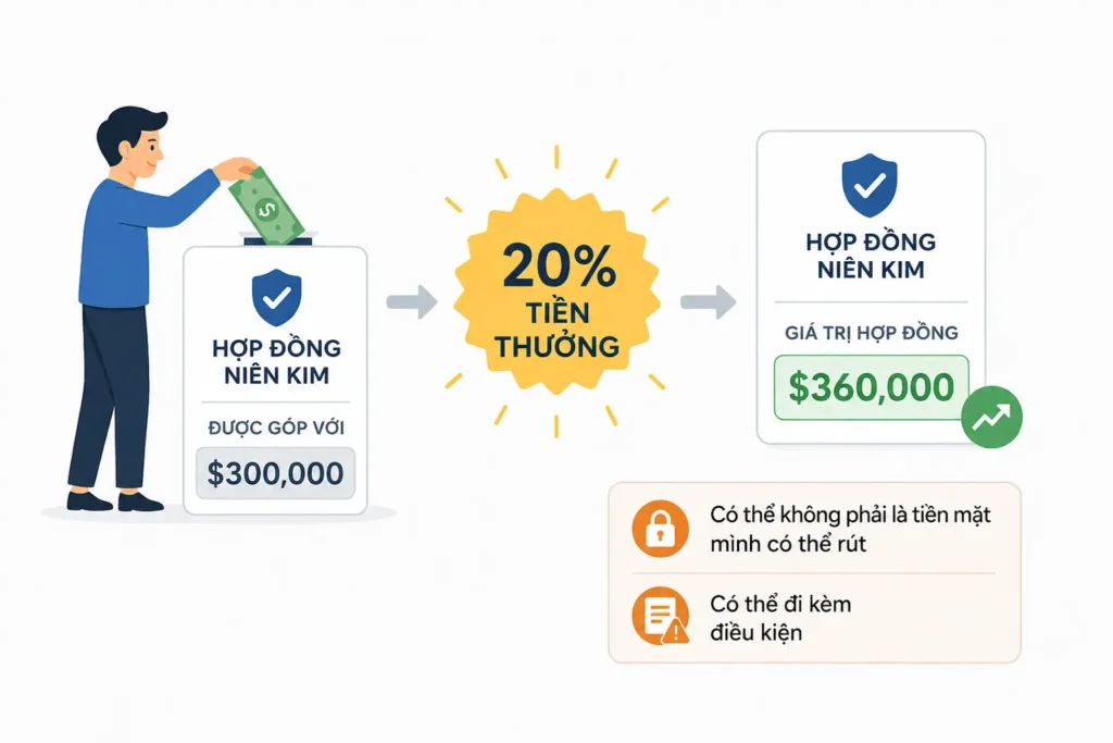 Minh họa bonus annuity cho thấy $300,000 được đưa vào hợp đồng niên kim, nhận thêm bonus 20% và hiển thị giá trị hợp đồng $360,000, nhưng khoản bonus có thể không phải tiền mặt rút được ngay và có thể đi kèm điều kiện.
