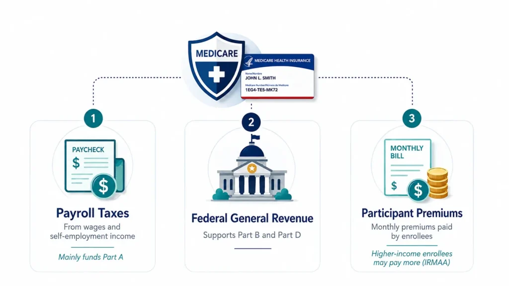 Infographic showing how Medicare is funded through payroll taxes, federal general revenue, and participant premiums, including IRMAA for higher-income enrollees.