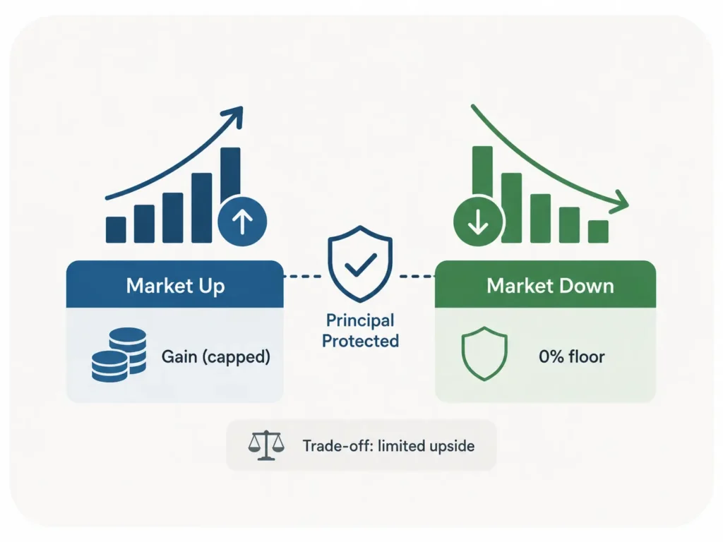 Minimalist fixed indexed annuity illustration showing limited gains when the market rises, a 0% floor when the market falls, and the trade-off of capped growth in exchange for principal protection.