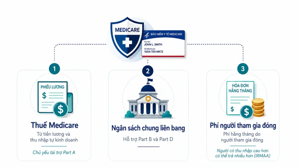 Infographic giải thích Medicare được tài trợ từ thuế Medicare trên tiền lương và thu nhập tự kinh doanh, ngân sách liên bang và phí do người tham gia đóng.