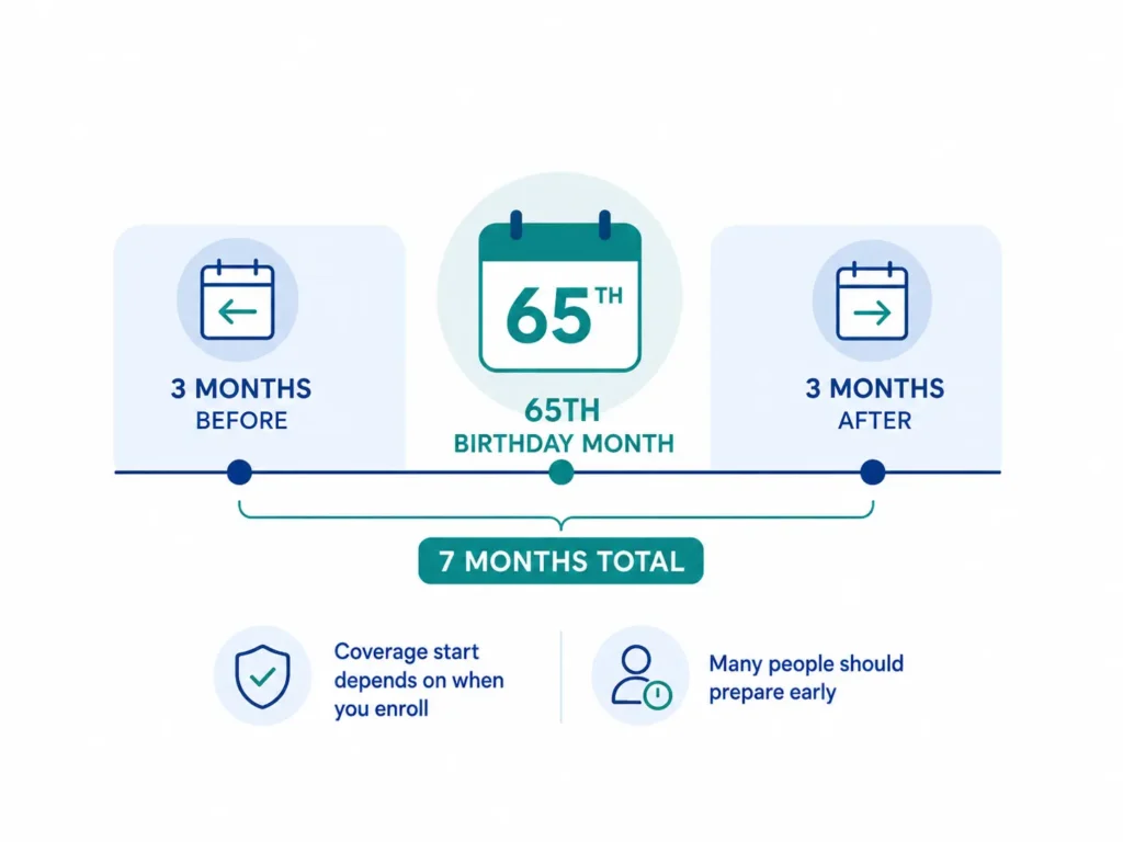 Medicare enrollment timeline showing the 7-month Initial Enrollment Period: three months before age 65, the 65th birthday month, and three months after.