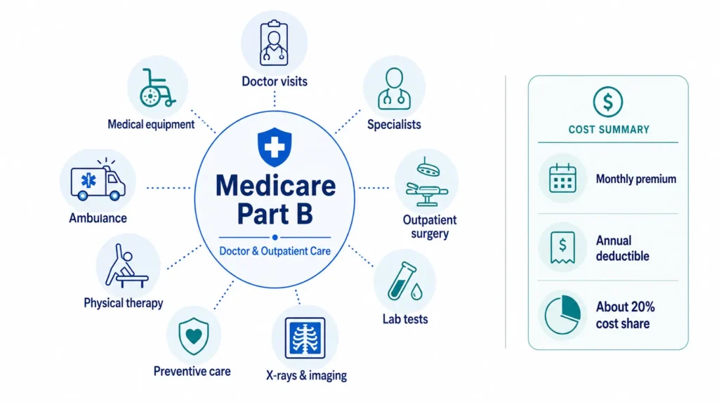Medicare Part B infographic showing doctor visits, specialists, outpatient surgery, lab tests, imaging, preventive care, physical therapy, ambulance services, medical equipment, and common costs.