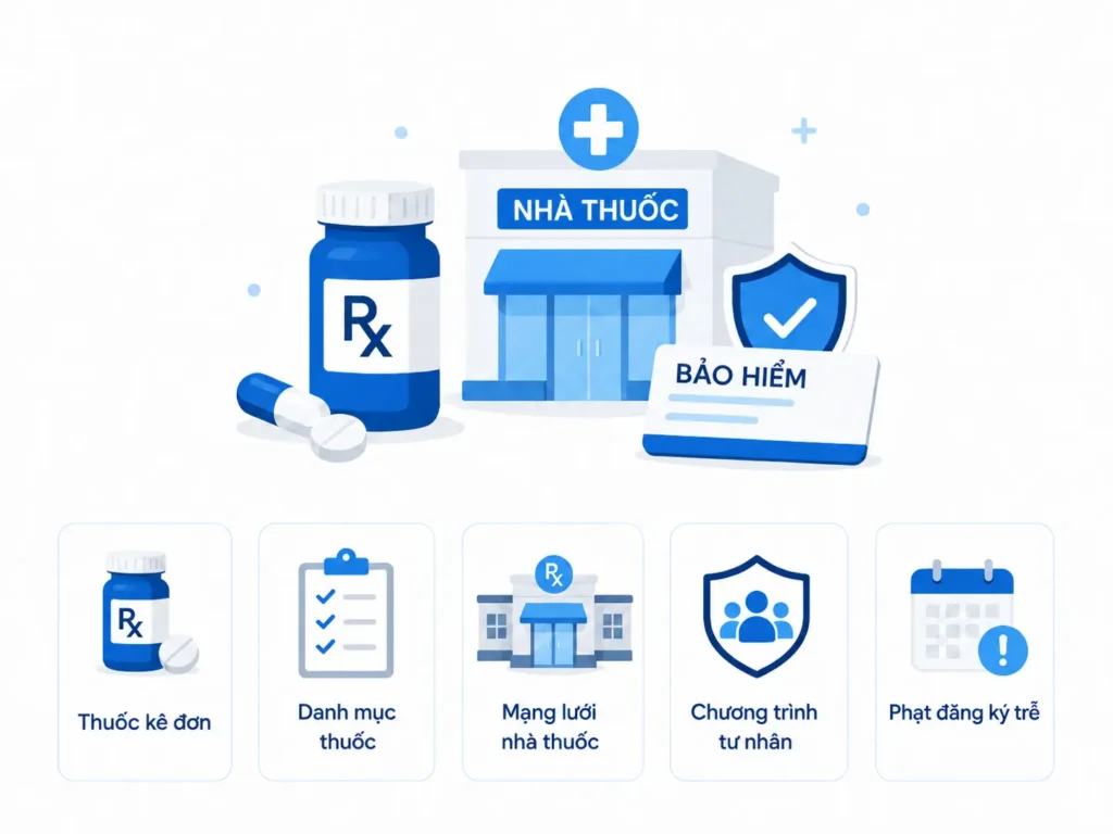 Infographic về Medicare Part D minh họa thuốc kê đơn, danh mục thuốc, mạng lưới nhà thuốc, chương trình bảo hiểm tư nhân và phạt đăng ký trễ.