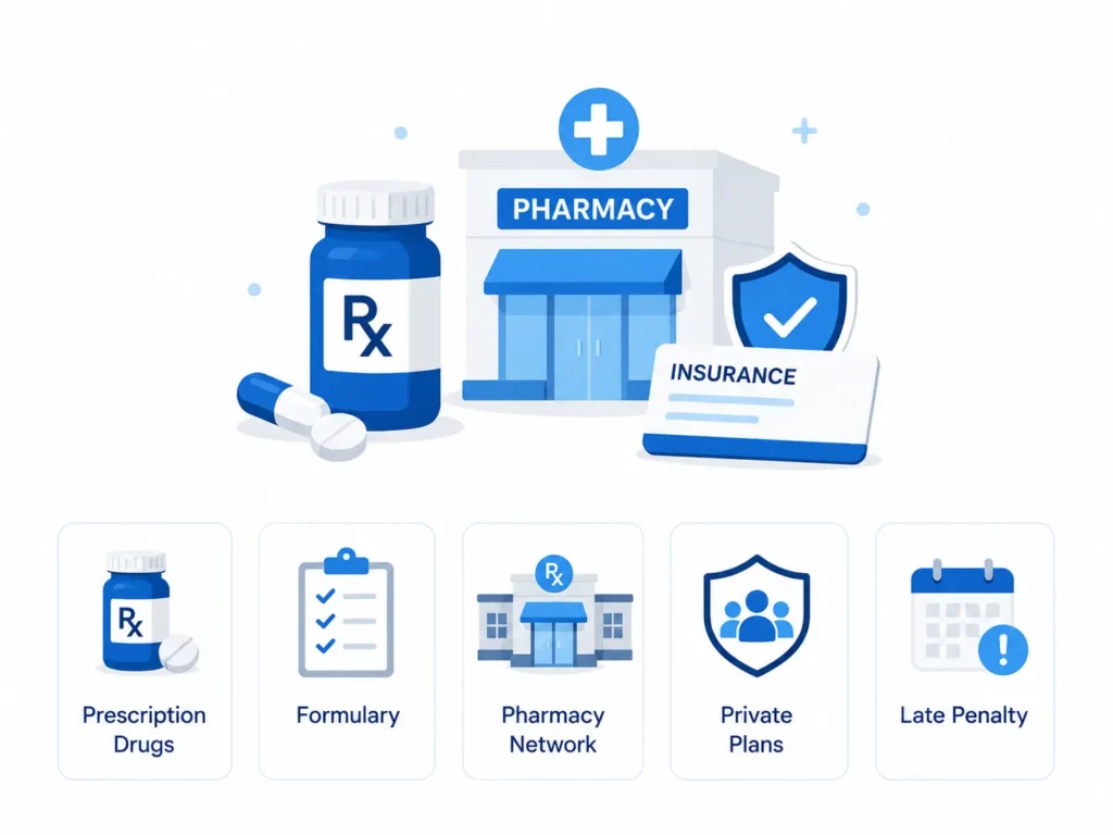 Medicare Part D infographic illustrating prescription drugs, formularies, pharmacy networks, private insurance plans, and late enrollment penalties.