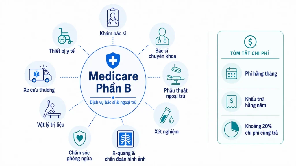 Infographic giải thích Medicare Phần B bao gồm khám bác sĩ, bác sĩ chuyên khoa, phẫu thuật ngoại trú, xét nghiệm, chẩn đoán hình ảnh, chăm sóc phòng ngừa, vật lý trị liệu, xe cứu thương và thiết bị y tế.