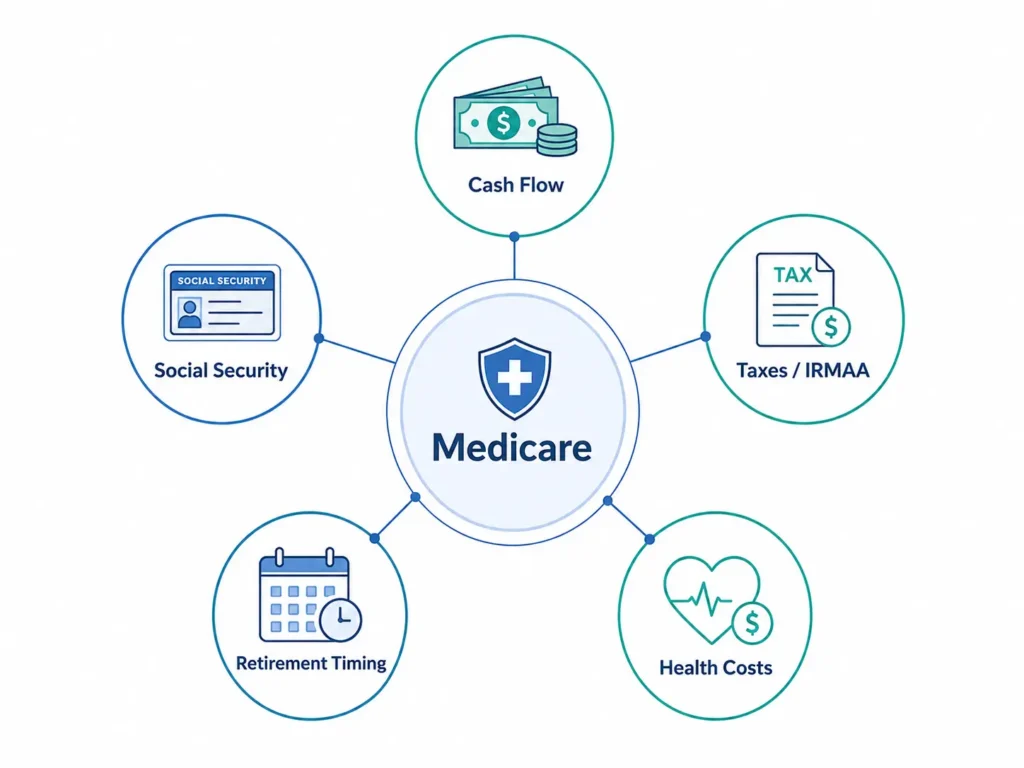 Medicare retirement planning infographic connecting Medicare with cash flow, taxes and IRMAA, Social Security, retirement timing, and healthcare costs.