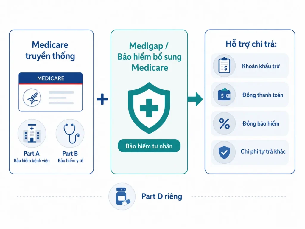 Infographic giải thích Medigap hay Medicare Supplement hoạt động cùng Medicare truyền thống Part A và Part B để hỗ trợ khoản khấu trừ, đồng thanh toán, đồng bảo hiểm và một số chi phí tự trả.