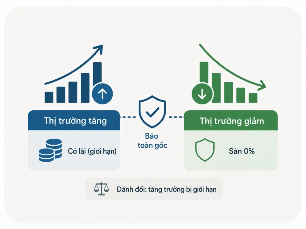Minh họa fixed indexed annuity cho thấy khi thị trường tăng thì hợp đồng có lãi nhưng bị giới hạn, khi thị trường giảm thì có sàn 0% và bảo toàn gốc, đổi lại là tăng trưởng bị giới hạn.