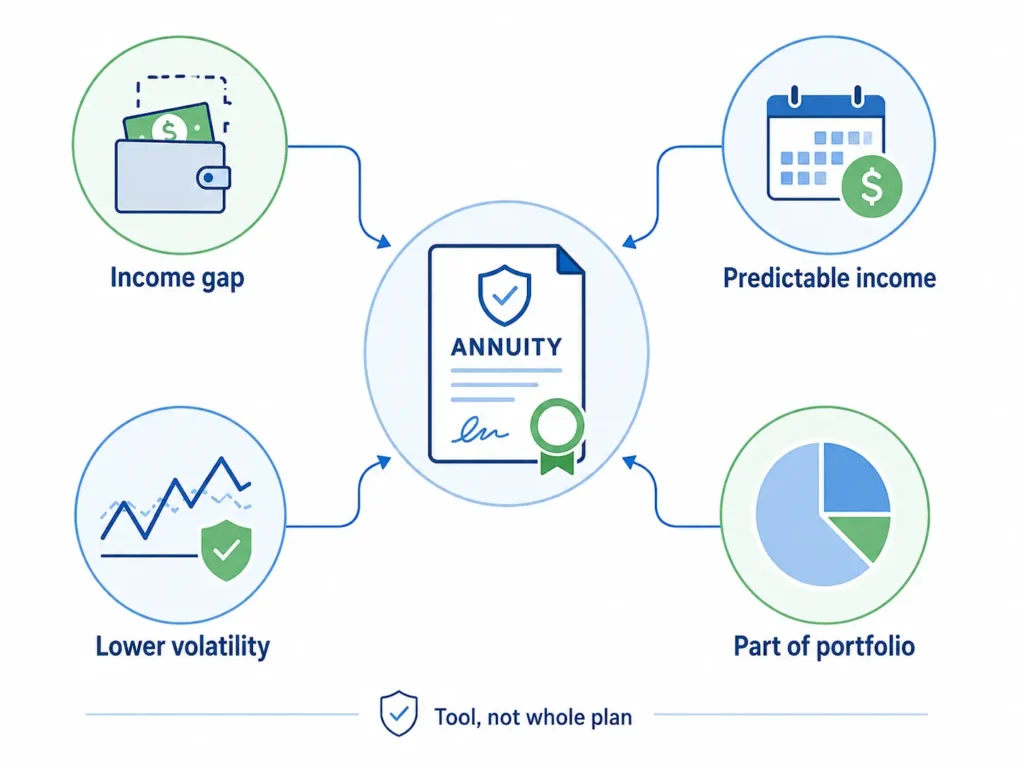 Annuity retirement planning illustration showing four potential uses: filling an income gap, creating predictable income, reducing volatility, and using an annuity as part of a diversified portfolio.
