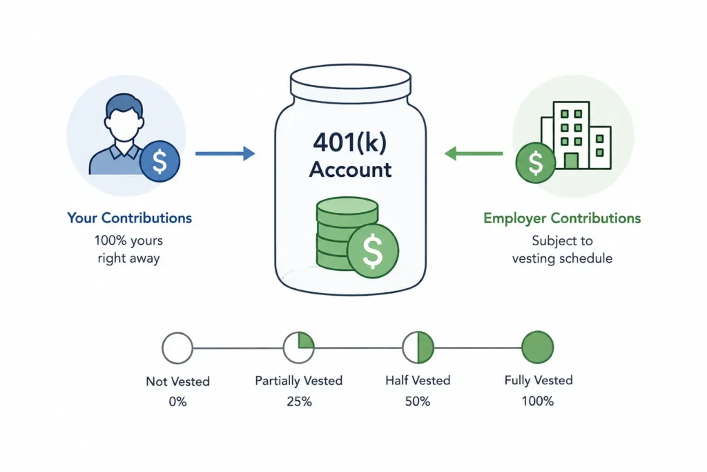 Illustration showing employee 401(k) contributions as immediately owned and employer contributions as potentially subject to a vesting schedule.