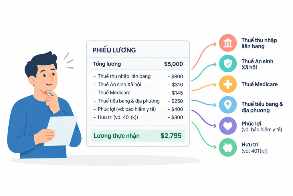 Minh họa phiếu lương tại Mỹ với các khoản bị trừ gồm thuế thu nhập liên bang, Social Security, Medicare, thuế tiểu bang, phúc lợi và đóng góp 401(k).