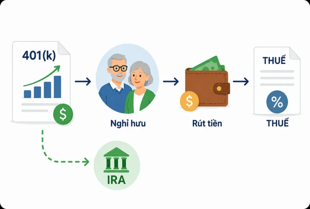 Minh họa tài khoản 401(k) khi nghỉ hưu, bao gồm việc rút tiền, nghĩa vụ thuế có thể phát sinh và lựa chọn rollover sang IRA.